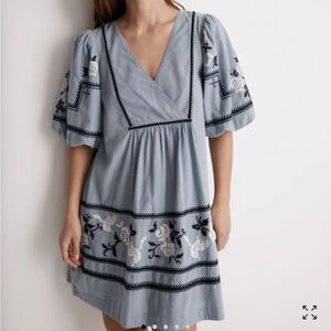 Madewell Light Blue Embroidered Mini Dress